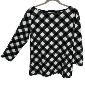 Talbots Tee Size Medium Black White Check 3/4 Sleeve Round neck Pullover